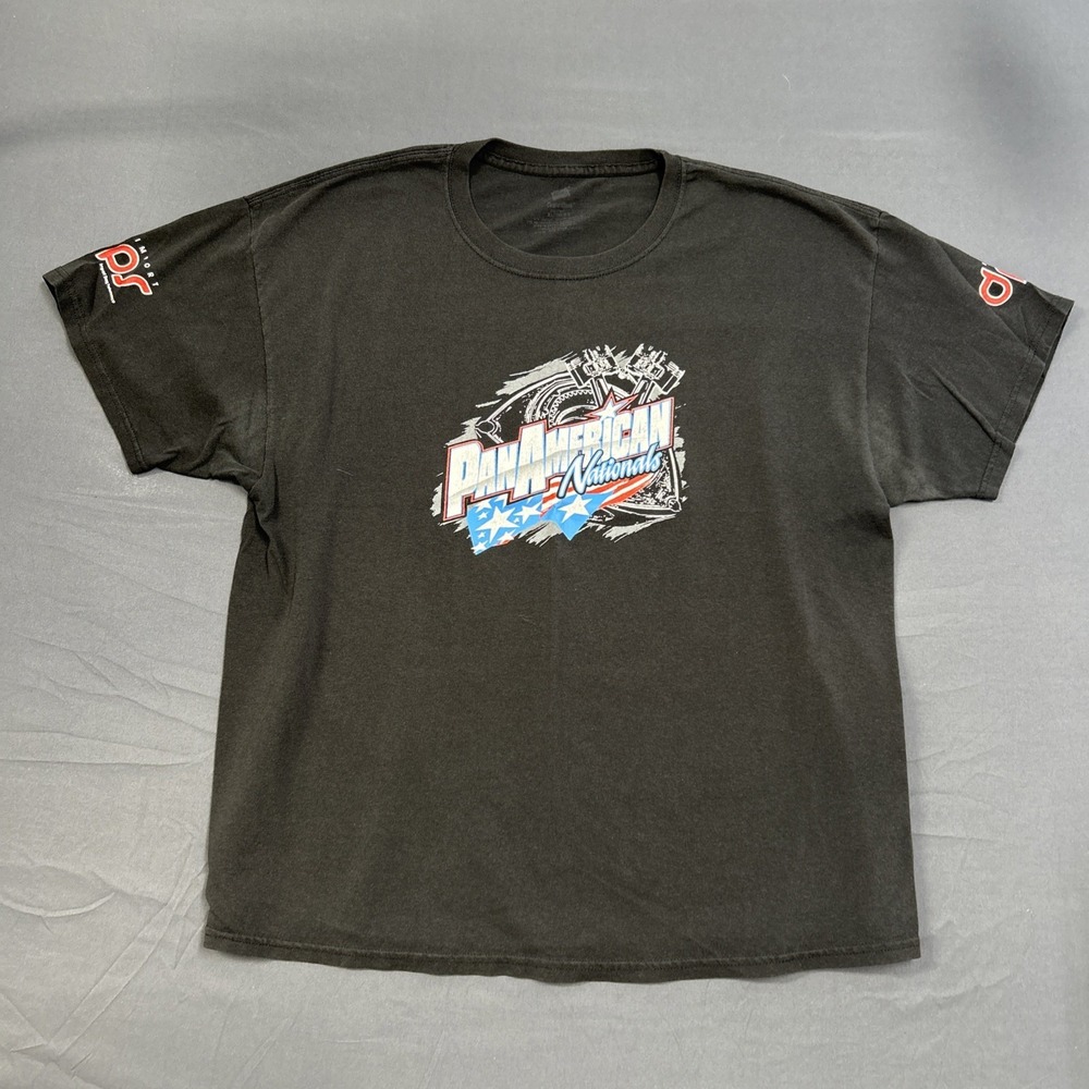 black T-shirt features a graphic for the PanAmerican Nationals drag racing event